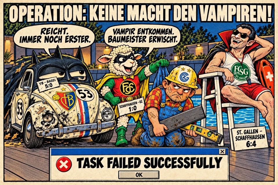 Comic: Herbie als zerbeulter Batman-K�fer, danfire als Robin-Schaf, Nouri als Baumeister mit Brett, bora als Vampir auf dem Bademeisterstuhl, darunter die Meldung Task failed successfully